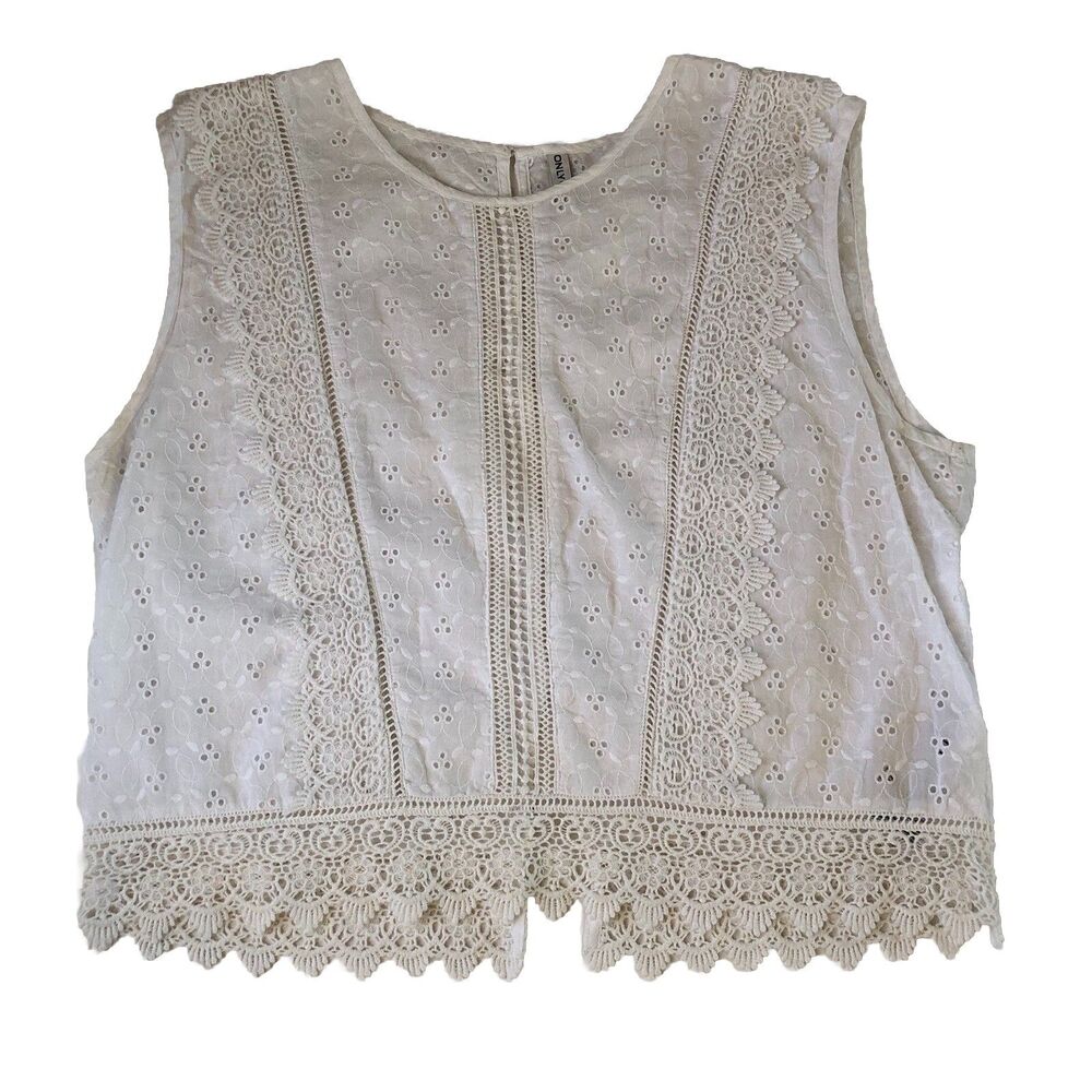 ONLY White Eyelet Lace Top - Boho Broderie Anglaise Short Sleeve Blouse EUR 42